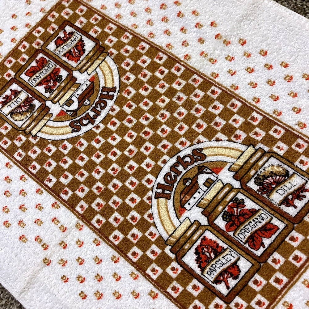 VTG CANNON HERBS Hand Kitchen Towel Fringe 70s NOS Farmhouse Tulips Checkered‎